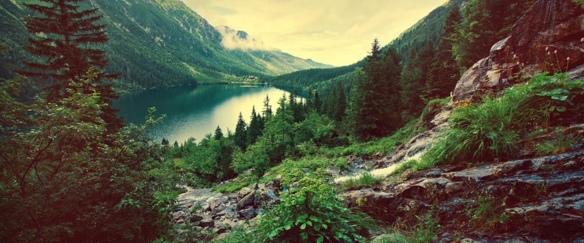 Lake in mountains. Fantasy and colorfull nature landscape. Retro vintage picture.